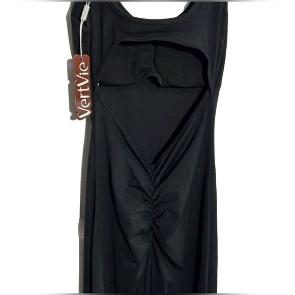 NWT Vertvie V-back Ruched Butt Bodycon Flare Jumpsuit Black Sleeveless Stretch - Picture 4 of 8